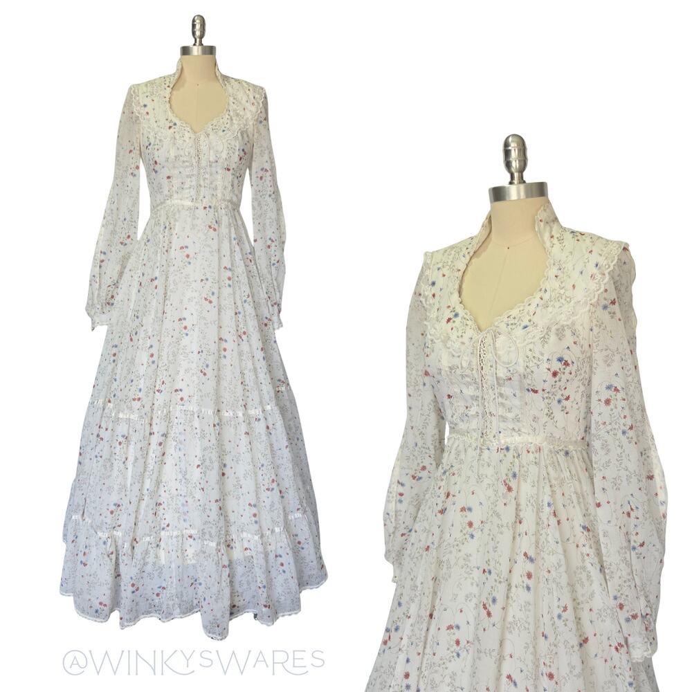 Gunne Sax White Floral Maxi Dress Size S 9 Prairie Vintage 70s Calico Corset